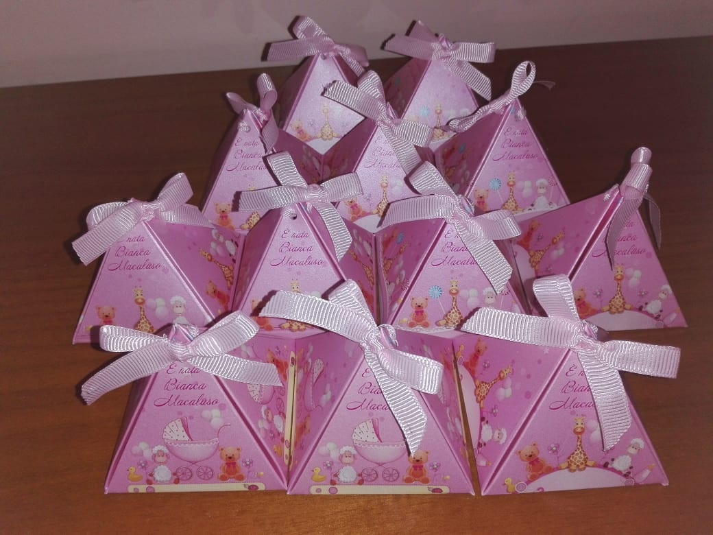 Scatoline “piramide porta confetti” per Nascita, Battesimo… personalizzate  – BABY GIRL – n. 10 pz – Madoniegadget